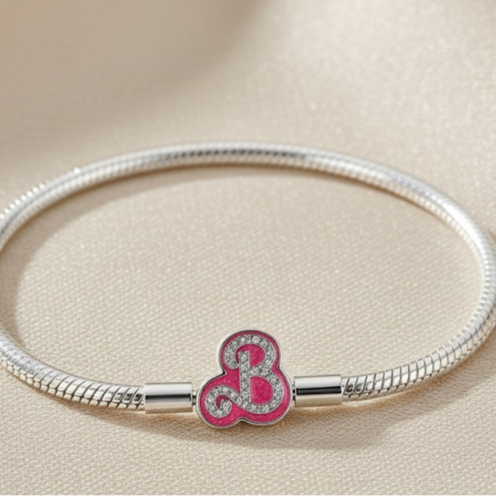 Silver Snake Chain Bracelet with Pink Enamel Initial Charm